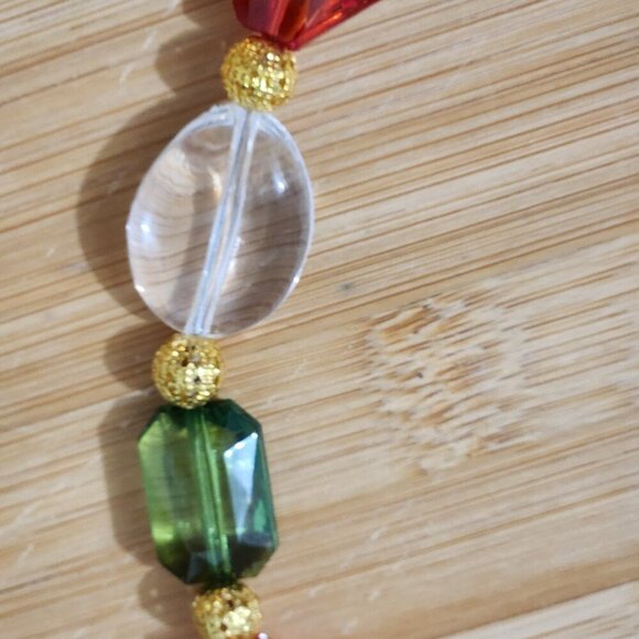 Hand Crafted Necklace Christmas Colors Beaded Red Green Clear Crystals and Gold - Picture 4 of 9